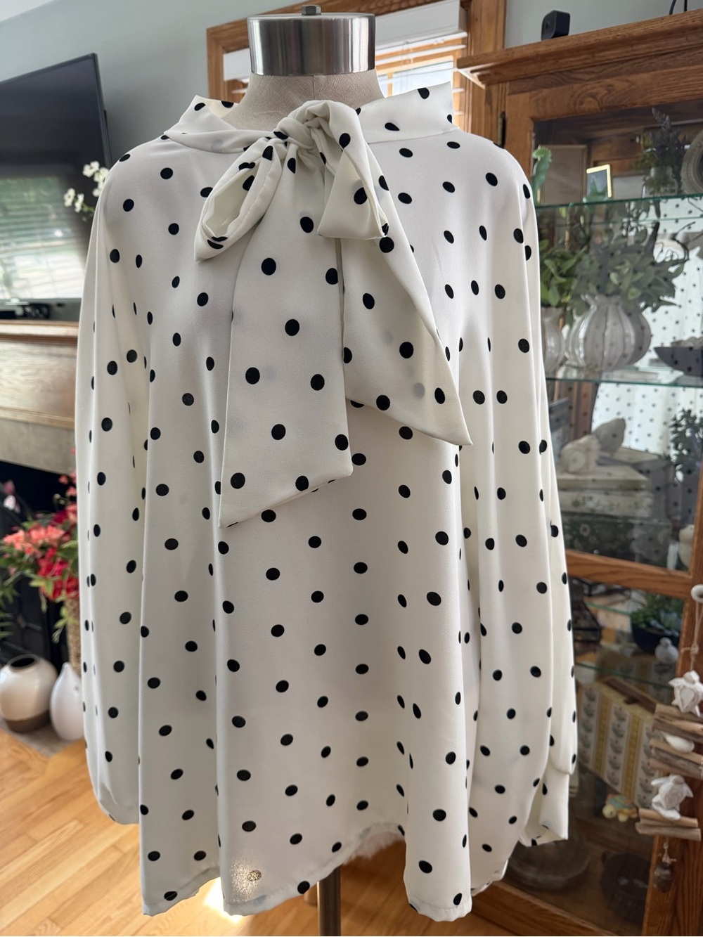 Polka Dot Bow-Tie Blouse in Ivory and Black